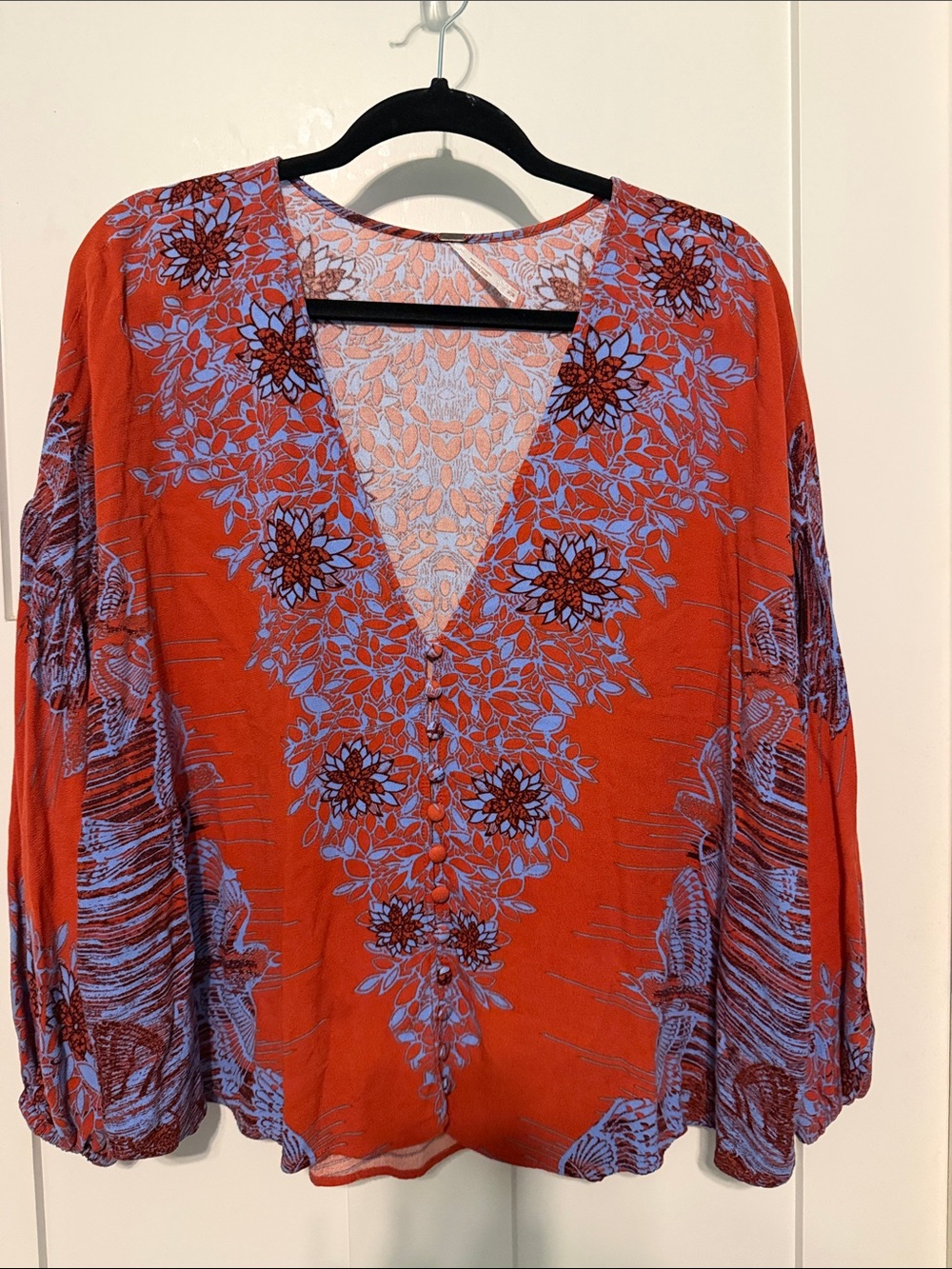 Free People Orange V-Neck Floral Slightly Cropped Blouse Blue Floral Pattern